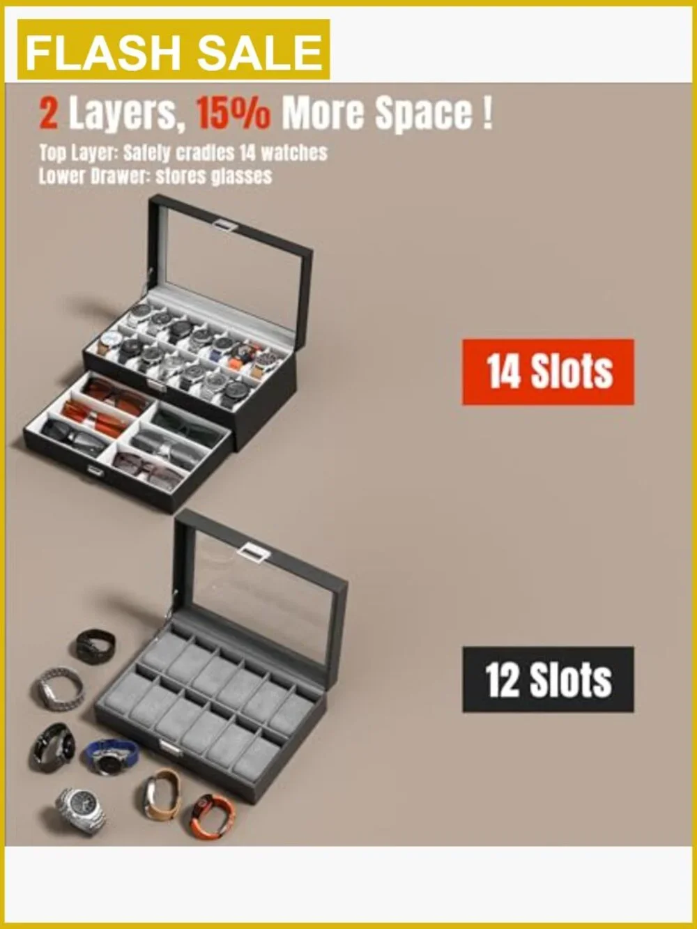 14-Slot Watch Display Case with Glass Lid, Double Layer PU Leather Storage,